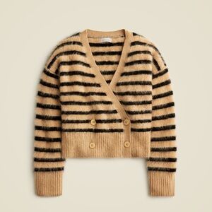 J. Crew Camel and Black Striped Brushed Cashmere Cardigan
